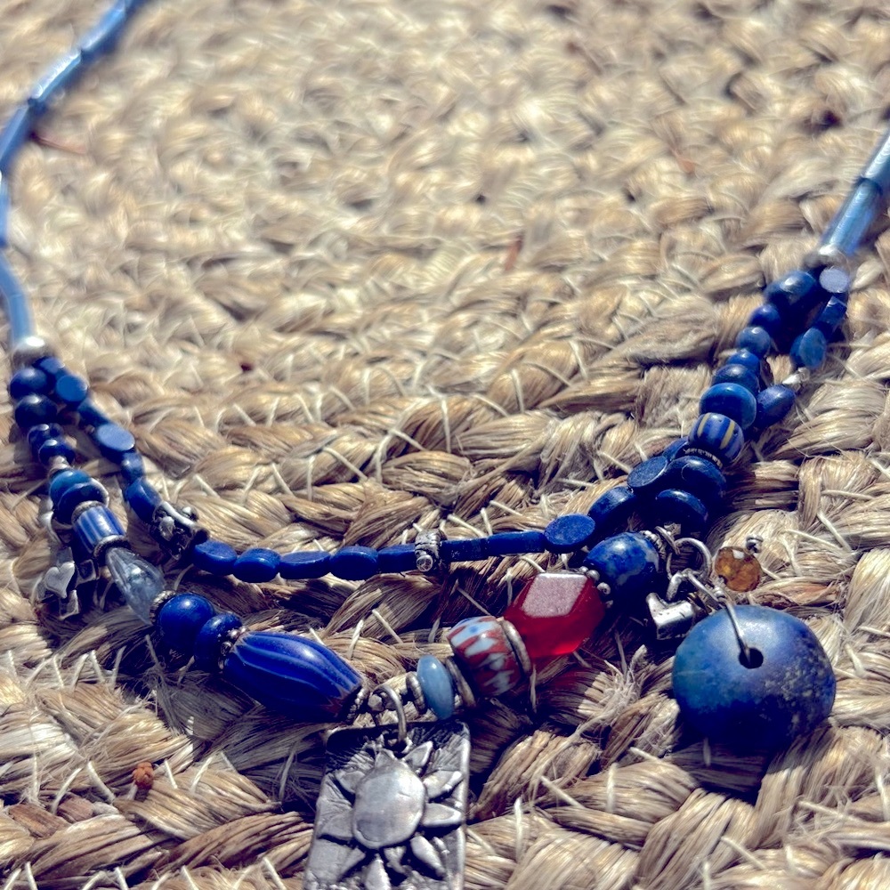 Jes Maharey Blue Lapis and Beads Necklace with a Radiant Silver Sun Pendant